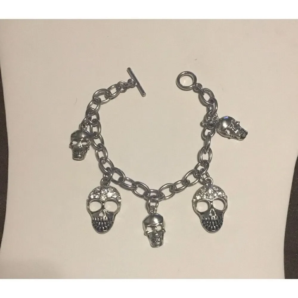 Silver Rhinestone Skull Toggle Bracelet